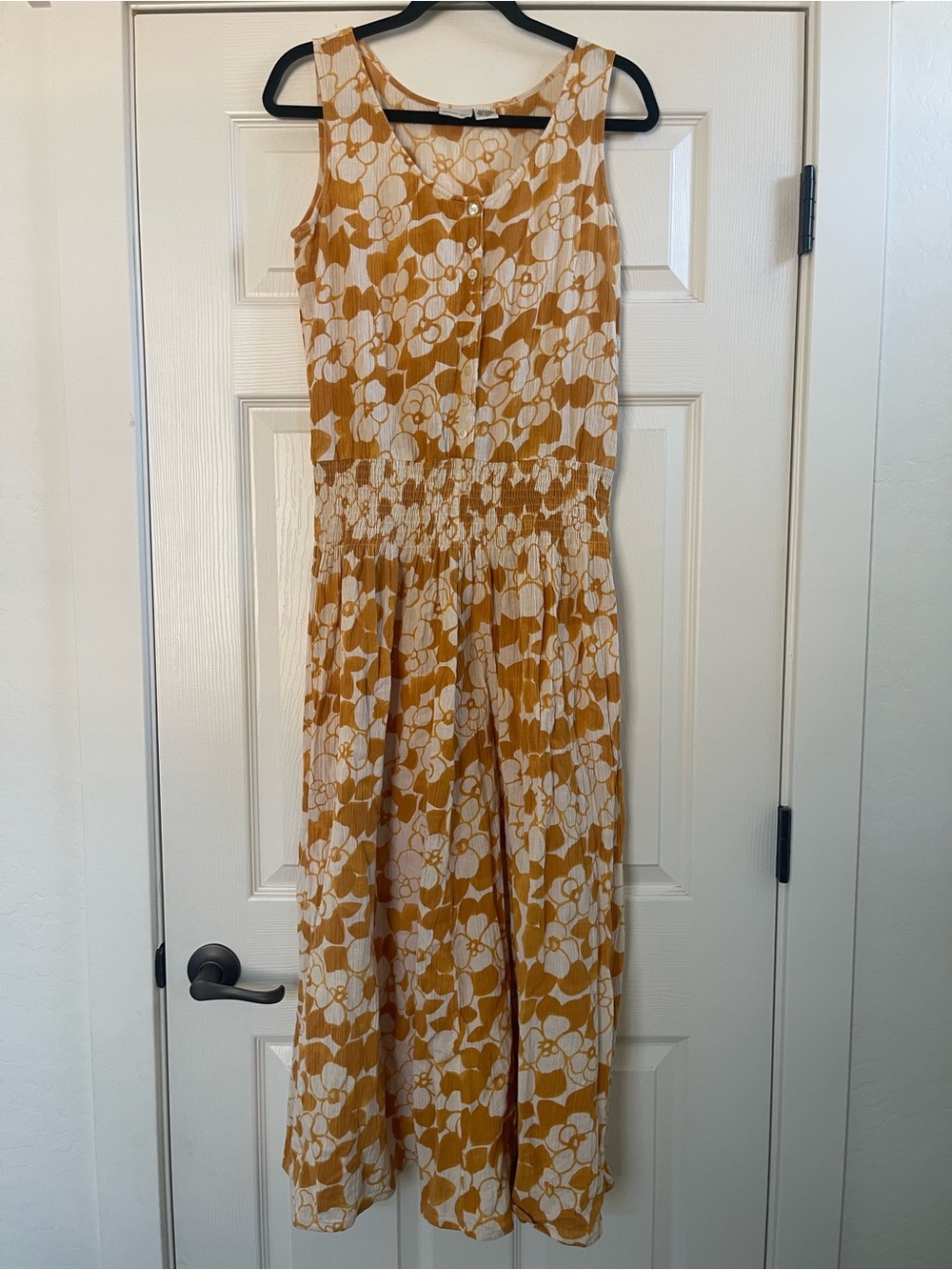 Women’s Newport News Mustard Yellow Floral Sleeveless Linen Blend Dress Size 10